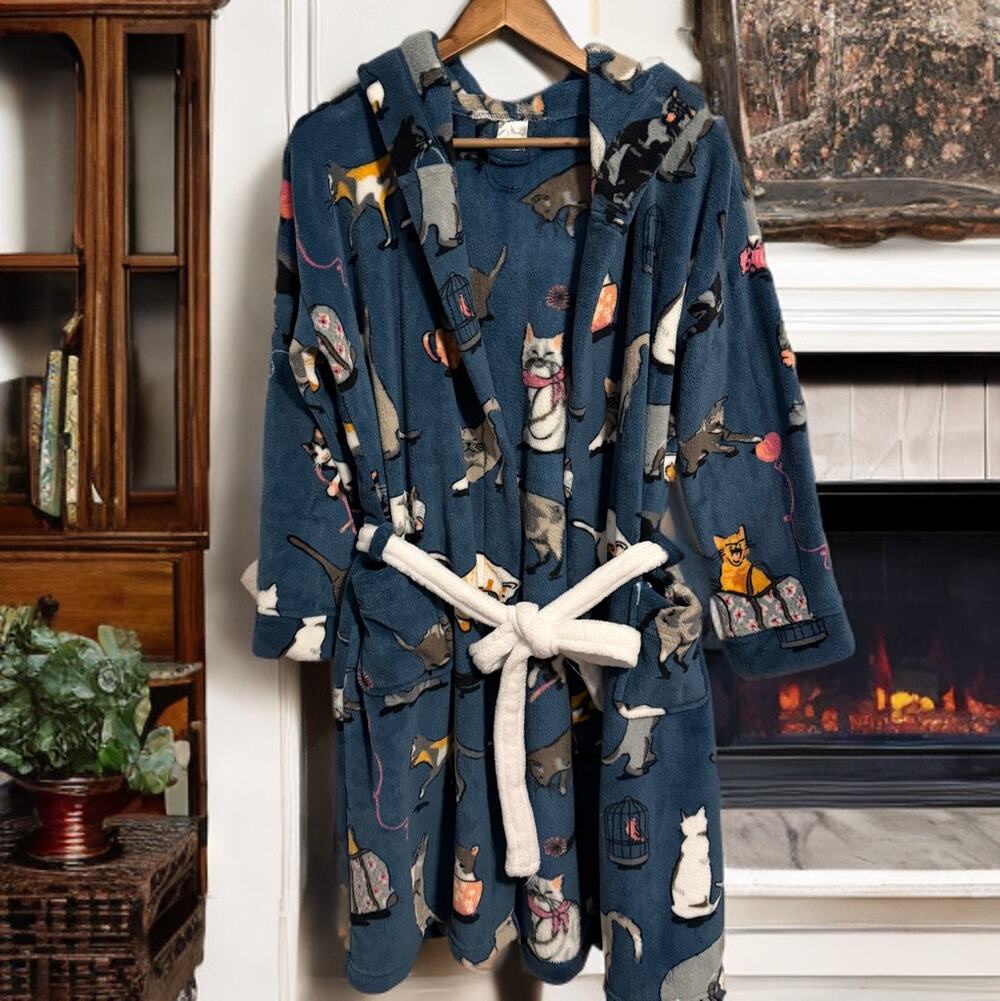Vera Bradley Cat Print Plush Fleece Hooded Robe S/M Blue Belted Cozy Bathrobe
